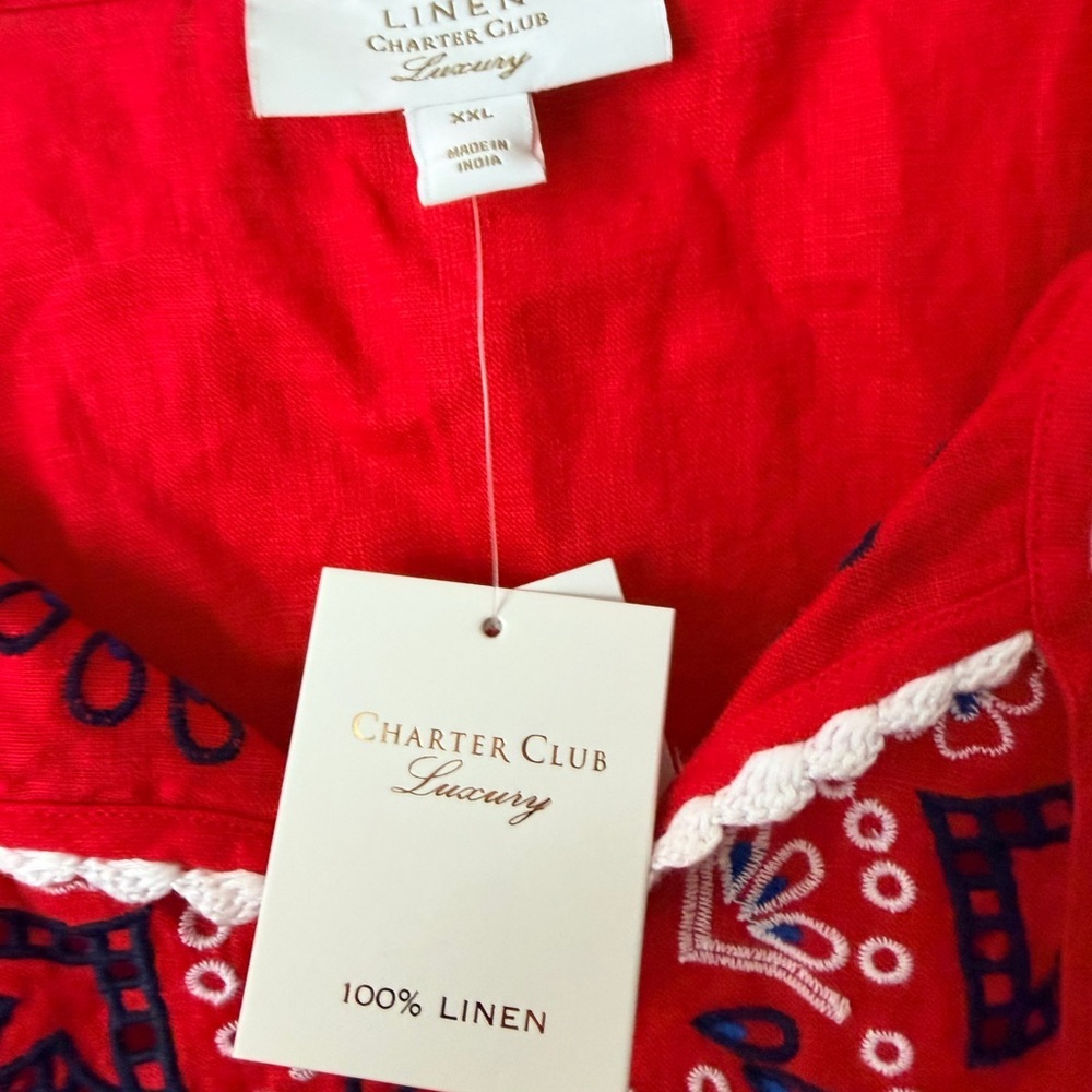 Charter Club Women's Linen Embroidered 3/4-Sleeve Top Sz XXL Red Coastal - Picture 5 of 10